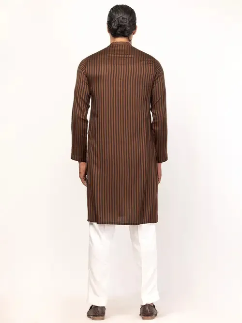 Brown/Black Striped and Erri Embroidered Cotton Slim Fit Panjabi Pajama Set